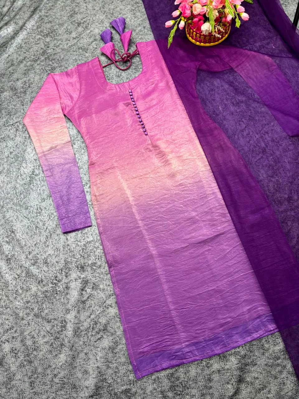 Yellow-green Gold crush Shaded Padding kurti with dupatta